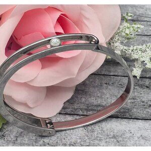 Silver Stainless Steel Hinged Bangle Bracelet with Sliding Clear Crystal Accent